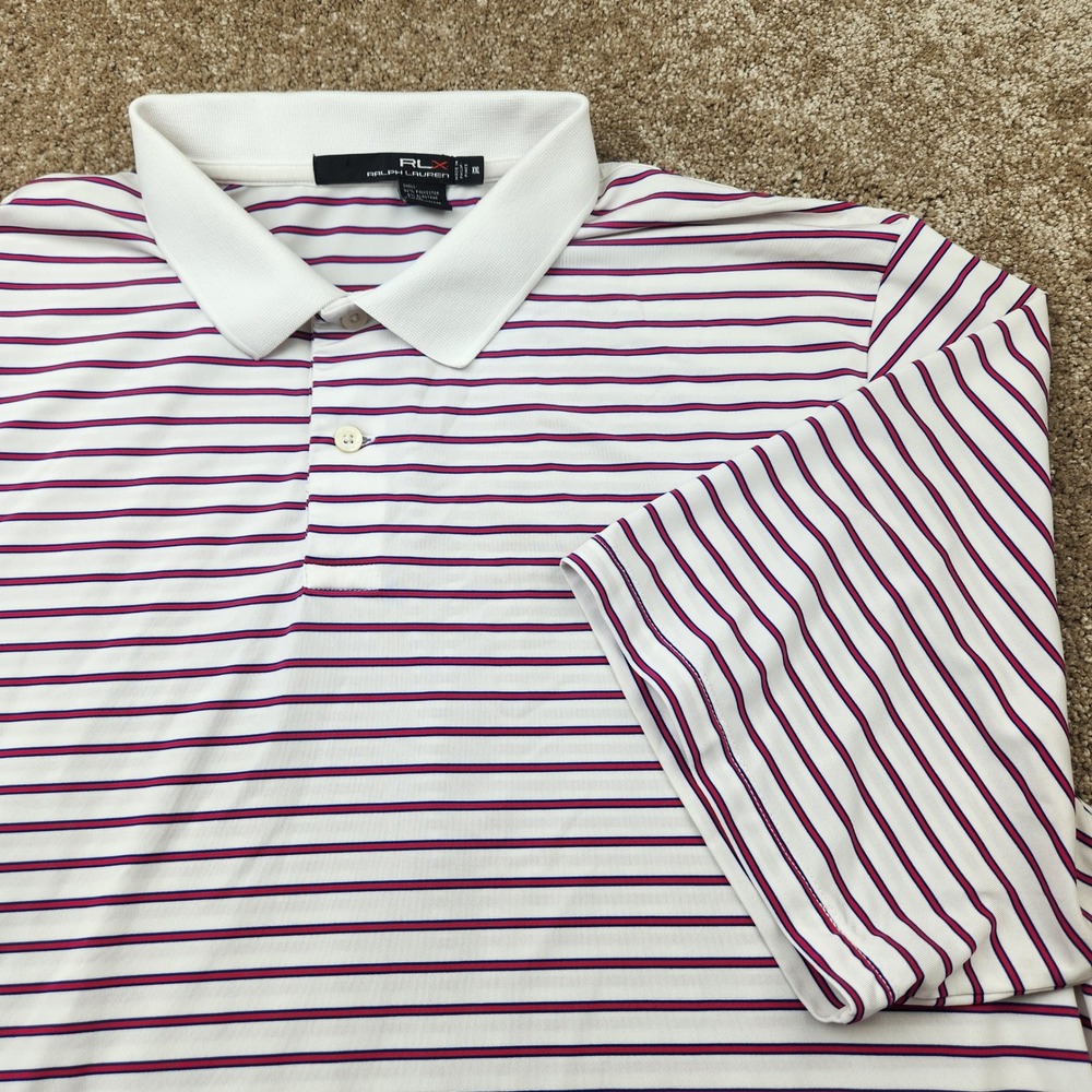 RLX Ralph Lauren Mens XXL White Striped Performance Golf Polo Shirt Short Sleeve